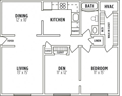 Floor plan for 1 bed, 1 bath, 980 sqft